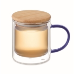 Mug en verre double paroi à anse colorée et couvercle en bambou 300 ml couleur bleu transparent deuxième vue