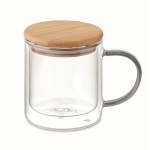 Mug en verre double paroi à anse colorée et couvercle en bambou 300 ml couleur gris transparent