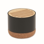 Haut-parleur circulaire sans fil à base en liège et détail en bambou couleur noir