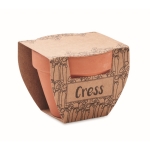 Pot en terre cuite avec graines de cresson et pastille de terre couleur bois deuxième vue