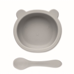 Set pour bébé avec bol à base à ventouse et cuillère en silicone couleur gris deuxième vue