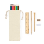 Sac en coton contenant un set d'écriture, des crayons et un cahier couleur beige neuvième vue