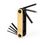 Outil multifonctions en acier au carbone noir avec carcasse en bambou couleur bois  troisième vue