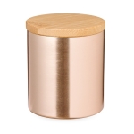 Bougie parfum vanille dans bougeoir en métal avec couvercle en bambou couleur rose première vue