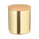 Bougie parfum vanille dans bougeoir en métal avec couvercle en bambou couleur doré première vue