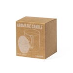 Bougie parfum vanille dans bougeoir en métal avec couvercle en bambou vue avec boîte
