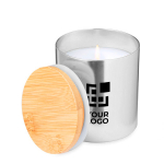 Bougie parfum vanille dans bougeoir en métal avec couvercle en bambou vue principale
