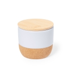 Bougie parfum lin dans un pot blanc en céramique avec base en liège couleur blanc première vue
