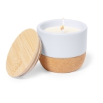 Bougie parfum lin dans un pot blanc en céramique avec base en liège deuxième vue
