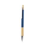 Stylo en aluminium à bouton-poussoir et détail en bambou, mine bleue couleur bleu première vue
