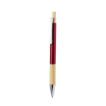 Stylo en aluminium à bouton-poussoir et détail en bambou, mine bleue couleur rouge première vue