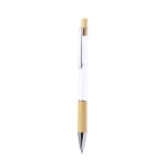 Stylo en aluminium à bouton-poussoir et détail en bambou, mine bleue couleur blanc première vue