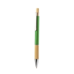 Stylo en aluminium à bouton-poussoir et détail en bambou, mine bleue couleur vert première vue