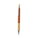 Stylo en aluminium à bouton-poussoir et détail en bambou, mine bleue couleur orange première vue