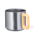 Mug double paroi en acier inoxydable recyclé à anse en bambou 400ml couleur argenté première vue