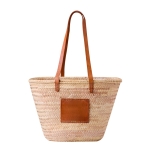 Sac en paille au design chic à longues anses et patch en similicuir couleur marron clair première vue