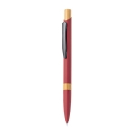 Stylo à bouton-poussoir en aluminium avec détail en bambou, mine bleue couleur rouge première vue