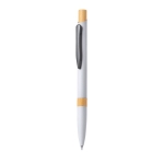 Stylo à bouton-poussoir en aluminium avec détail en bambou, mine bleue couleur blanc première vue