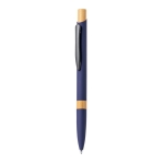 Stylo à bouton-poussoir en aluminium avec détail en bambou, mine bleue couleur bleu marine première vue
