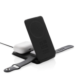 Chargeur sans fil 3-en-1 pliable avec aimant vertical pour téléphones couleur noir avec zone d'impression
