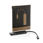 Hub en aluminium recyclé avec connexions multiples et entrée HDMI couleur gris vue avec boîte