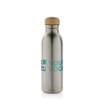 Bouteille en acier inoxydable recyclé avec bouchon en bambou 600ml couleur argenté avec zone d'impression