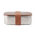 Boîte à lunch en inox recyclé avec couvercle en bois et fermoir couleur argenté