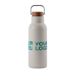 Bouteille thermos en inox recyclé à bouchon en bois et poignée 580ml couleur gris avec zone d'impression