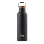 Bouteille thermos en inox recyclé, bouchon en bois et poignée 800 ml couleur noir vue avec logo