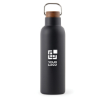 Bouteille thermos en inox recyclé, bouchon en bois et poignée 800 ml couleur noir avec zone d'impression