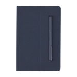 Carnet à logo écologique avec stylo intégré et pages rayées couleur bleu marine deuxième vue frontale