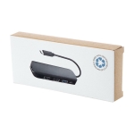 Hub en plastique recyclé avec ports d'entrée et sortie HDMI couleur noir deuxième vue avec boîte