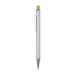 Stylo en aluminium recyclé à bouton-poussoir en bambou et encre bleue couleur argenté vue latérale