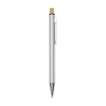 Stylo en aluminium recyclé à bouton-poussoir en bambou et encre bleue couleur argenté deuxième vue latérale