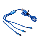 Câble coloré de recharge en nylon avec trois types de connecteurs couleur bleu ultramarine avec zone d'impression