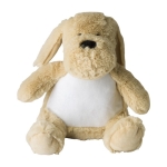 Chien en peluche avec yeux brodés et étiquette personnalisable couleur beige première vue