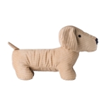 Chien en peluche en velours côtelé avec yeux brodés et étiquette couleur marron première vue