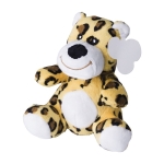 Petit léopard en peluche avec yeux brodés et étiquette couleur multicolore troisième vue