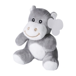 Petit hippopotame en peluche avec yeux brodés et étiquette couleur multicolore troisième vue