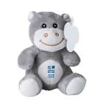 Petit hippopotame en peluche avec yeux brodés et étiquette couleur multicolore avec zone d'impression