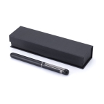 Stylo roller en aluminium et laiton, détails brillants, encre bleue couleur noir première vue