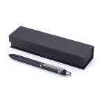 Stylo en aluminium et laiton avec détails brillants, encre bleue couleur noir troisième vue