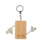 Porte-clés promotionnel en bambou intégrant plusieurs câbles de charge couleur marron avec zone d'impression