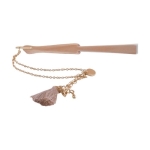Eventail de 23 cm avec bracelet doré et pompon décoratif couleur naturel deuxième vue