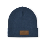 Bonnet en laine et RPET à écusson personnalisable et revers original couleur bleu vue frontale