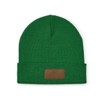 Bonnet en laine et RPET à écusson personnalisable et revers original couleur vert foncé vue frontale