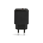 Chargeur mural en plastique recyclé avec ports USB-A et USB-C 20W couleur noir vue arrière