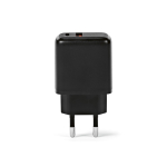 Chargeur mural en plastique recyclé avec ports USB-A et USB-C 20W couleur noir vue frontale