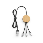 Câble de charge 5 en 1 en bambou et plastique écoresponsable avec charge sans fil 1m couleur noir vue frontale