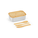 Boîte-repas en acier recyclé avec couvercle en bambou et couverts 490ml couleur argenté cinquière vue